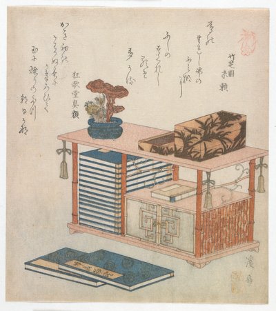 Surimono illustrant une armoire à livres, période Edo, fin des années 1810 ou début des années 1820 - Keisai Eisen